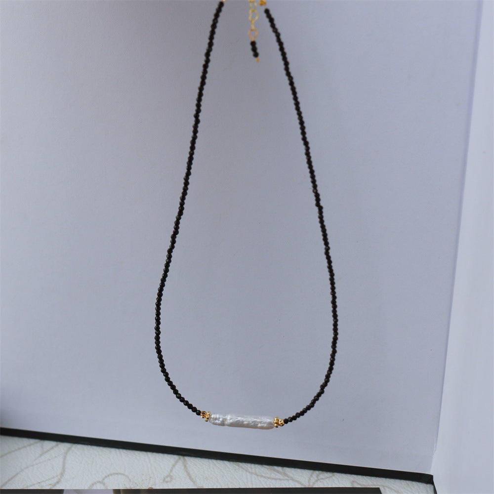 Black Spinel Baroque Pearl Collarbone Necklace | Minimalist Luxury | Handmade | Gold Detail