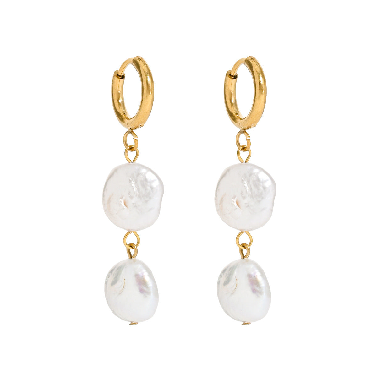 A pair of gold hoop drop earrings with irregular white baroque pearls hanging from gold rings, shown against a plain white background.