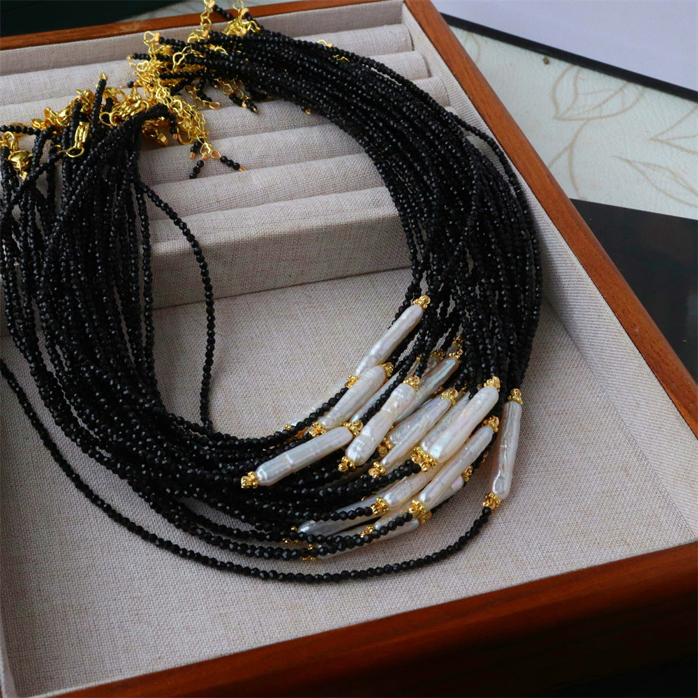 Black Spinel Baroque Pearl Collarbone Necklace | Minimalist Luxury | Handmade | Gold Detail