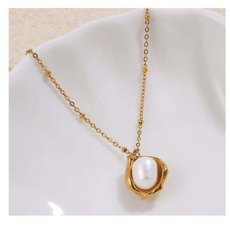 Cross-border French fashion simple clavicle chain peanut pearl necklace women's titanium steel plated 18k gold bowl bean pearl pendant